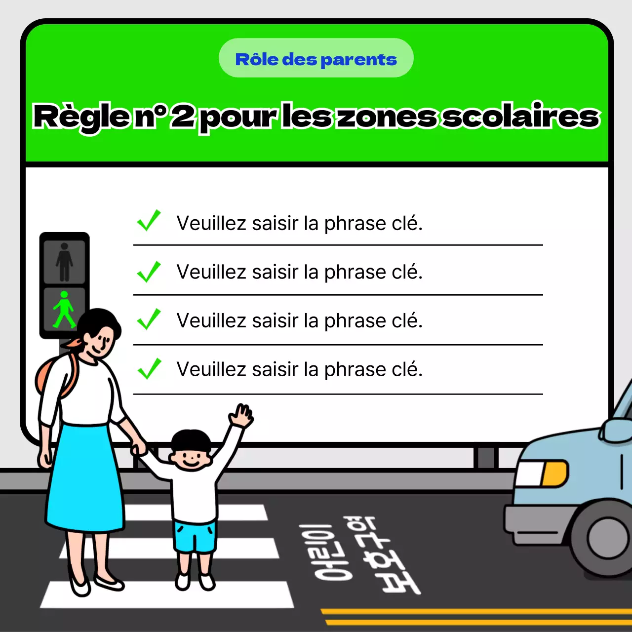 Conseils de sécurité pour la circulation dans les zones scolaires avec un panneau jaune et bleu