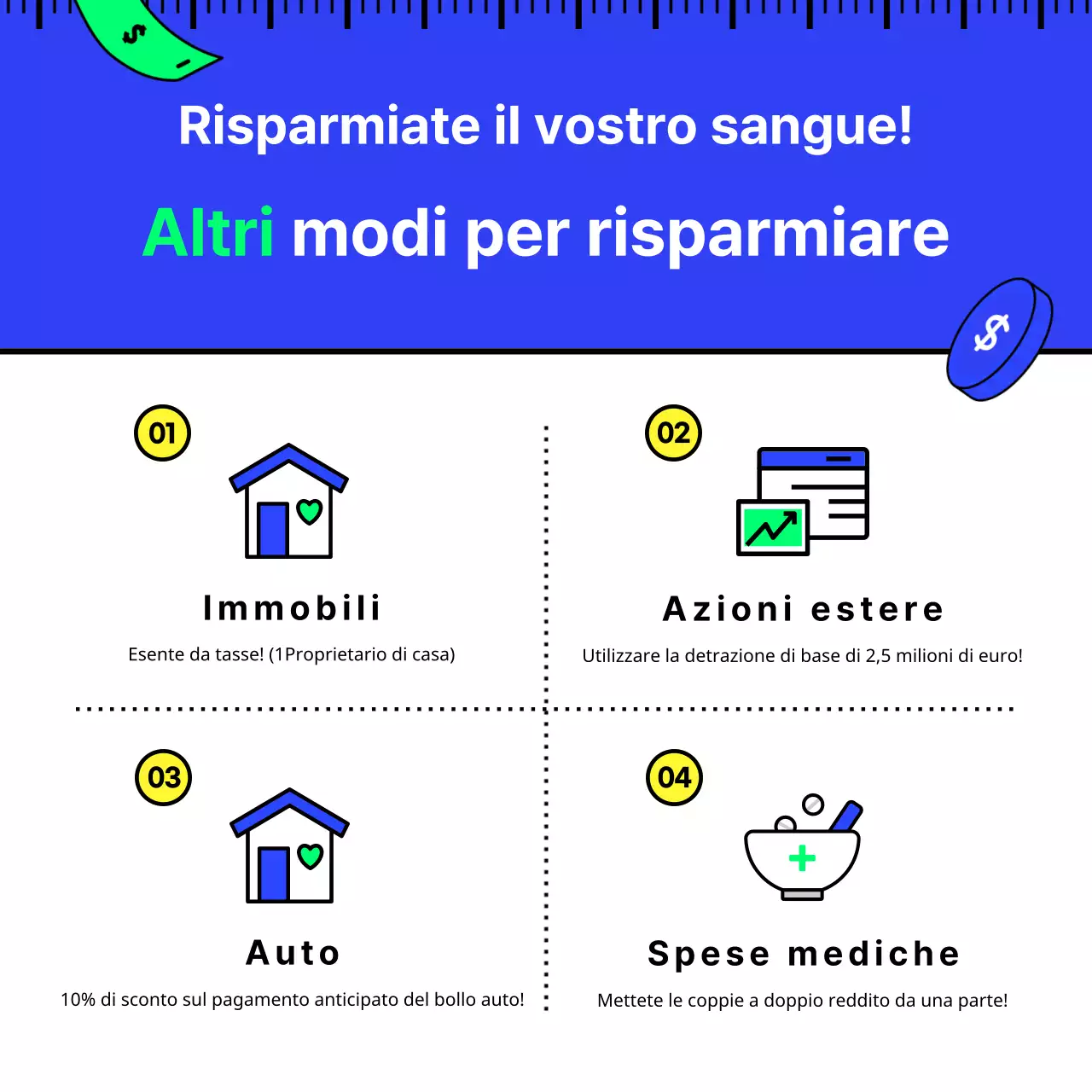 Risparmio fiscale in blu e chartreuse con illustrazioni semplici, pulite e stimolanti Nozioni di base di tecnica fiscale