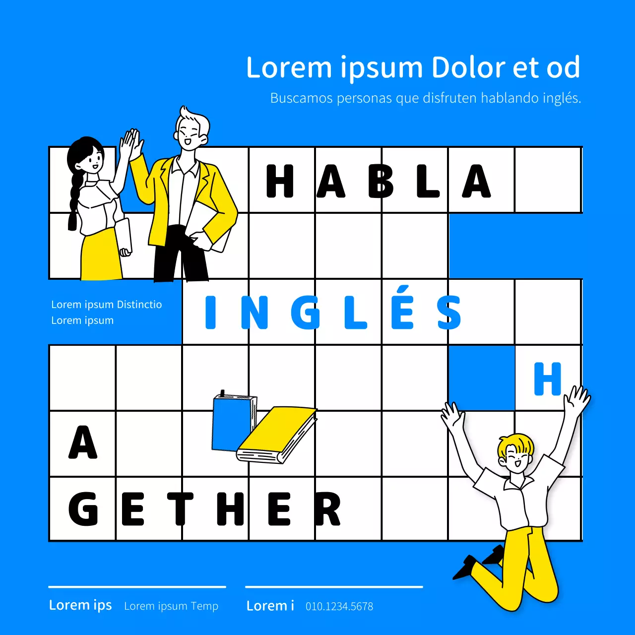 Diseño de reclutamiento para club de conversación inglés con ilustración lineal y combinación de colores azules
