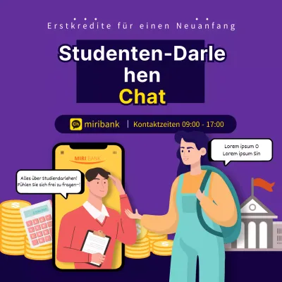 Studienkreditberatung mit lilafarbenem Hintergrund Berater und Illustration des Studenten