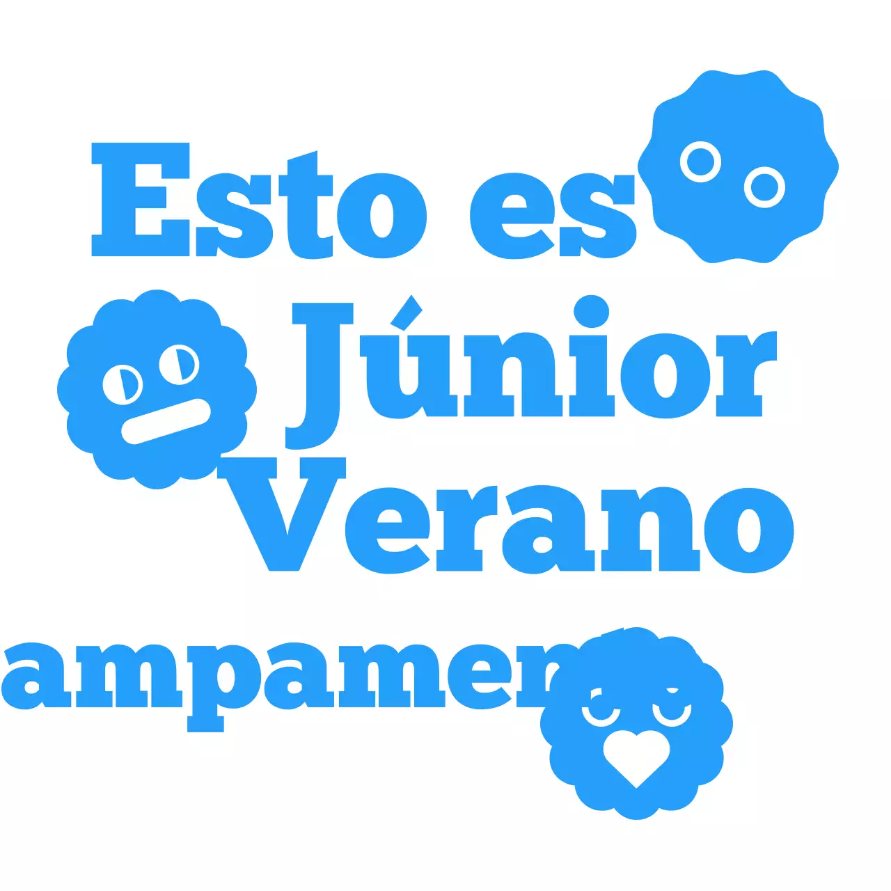 Camiseta de grupo con un concepto de campamento de verano para niños con simpáticos personajes y formas en azul.