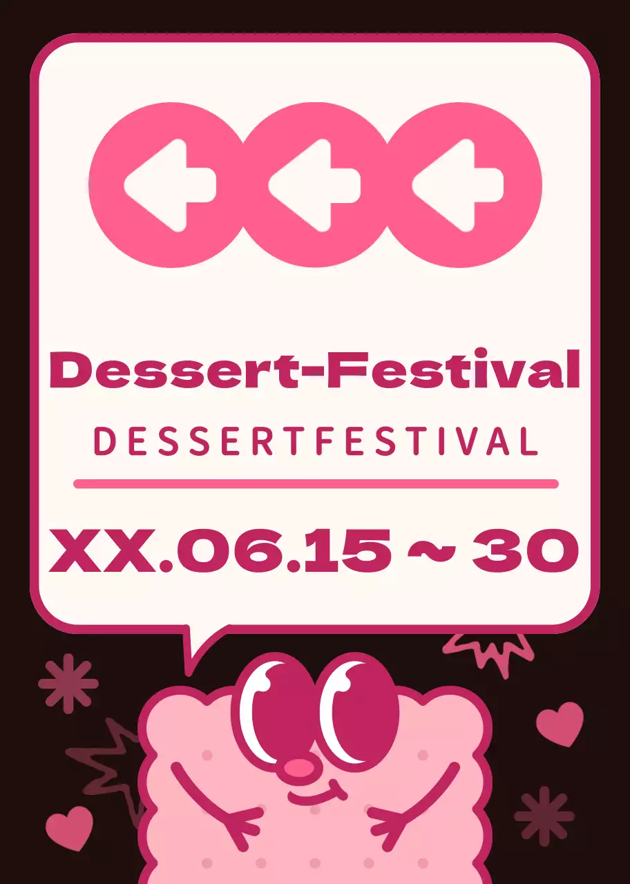 Braunes und rosafarbenes Farbschema Niedliche Keksfiguren und Sprechblasen Illustrationsstil Wegbeschreibung zum Dessertfestival