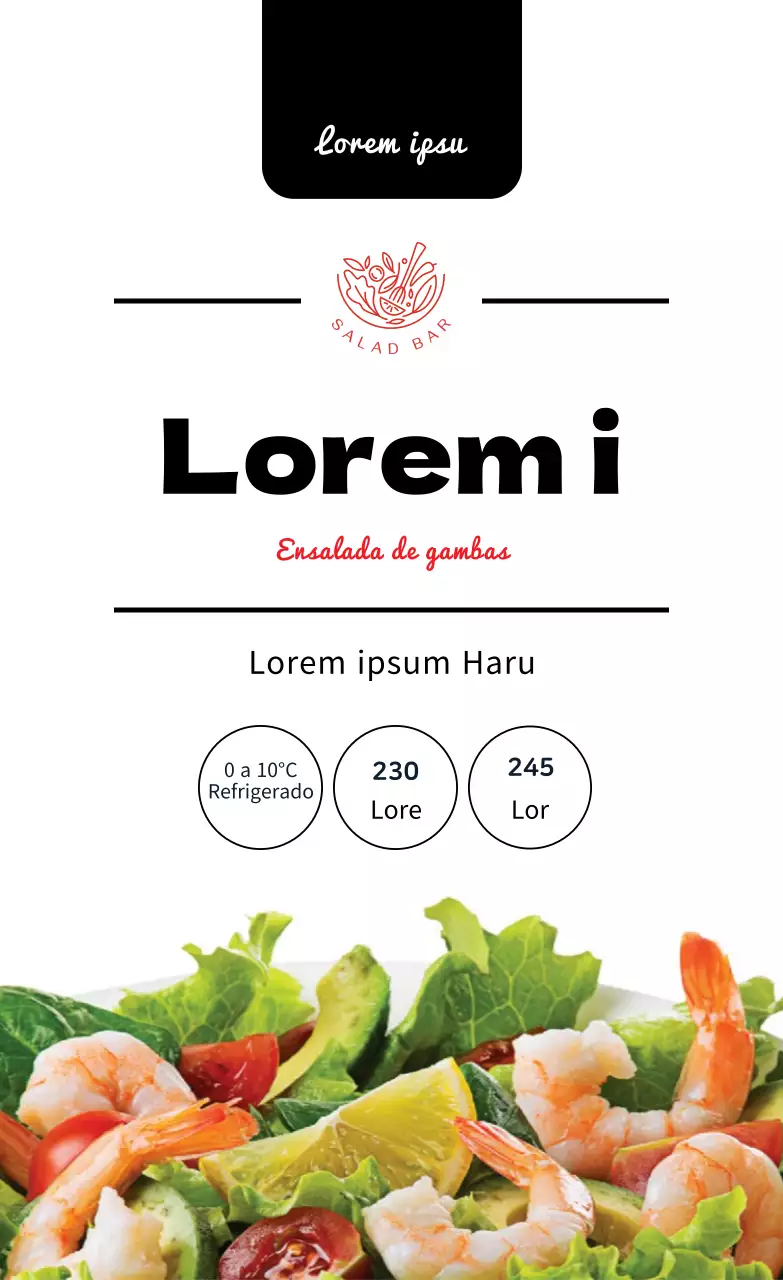 Etiqueta negra roja con foto para ensalada