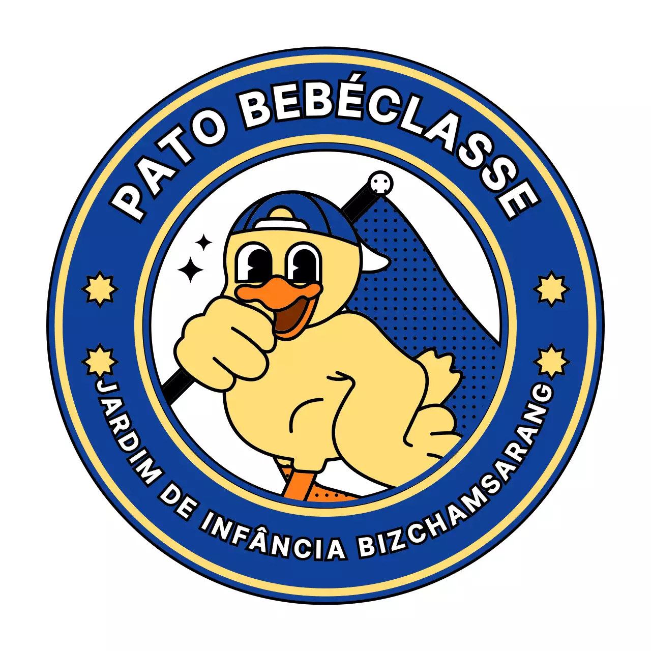 Estilo de logótipo Amber com símbolos de caracteres bonitos e simples em azul-marinho e amarelo para competições atléticas de creches