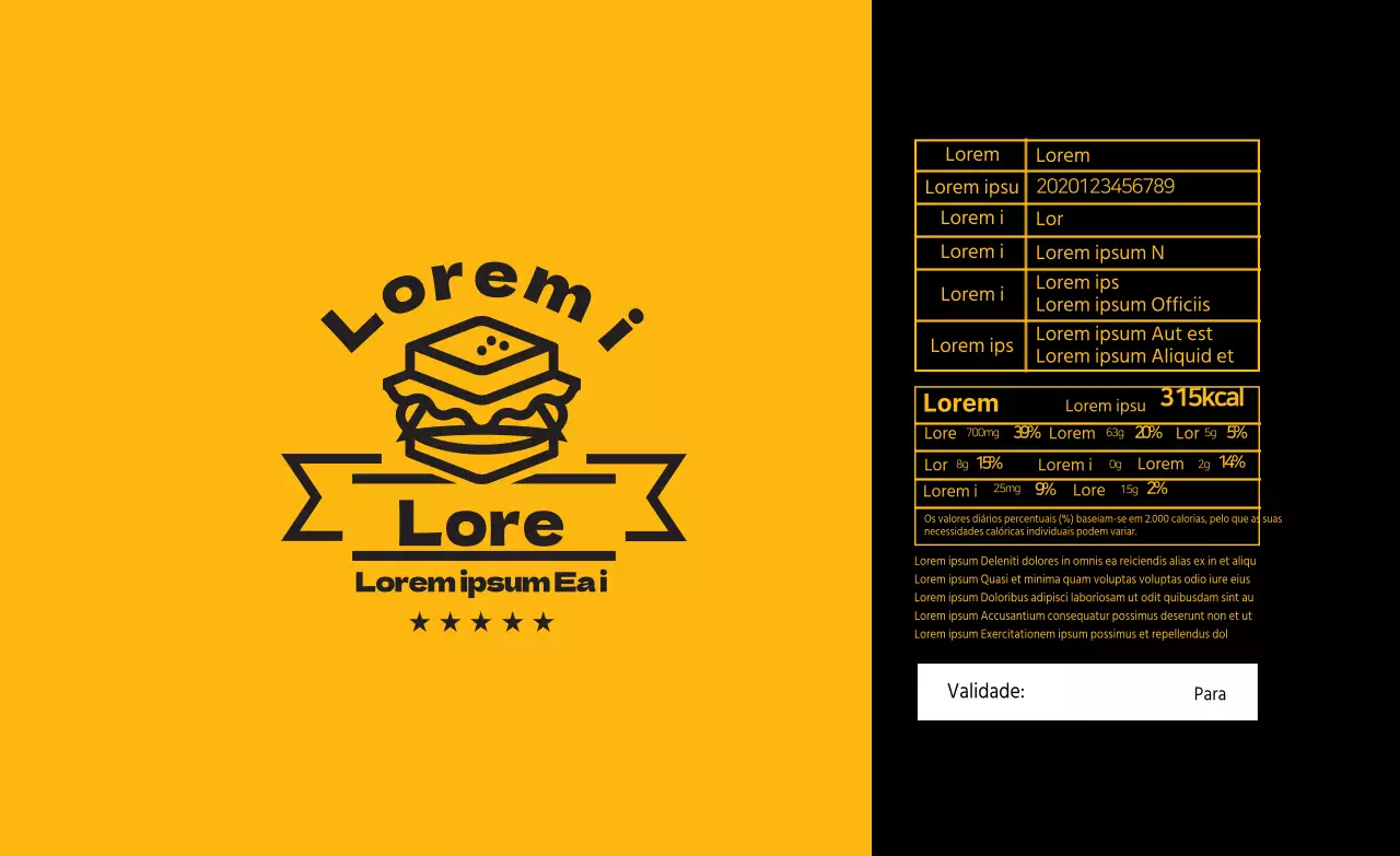 Rótulos alimentares para sanduíches ilustrados a amarelo e preto