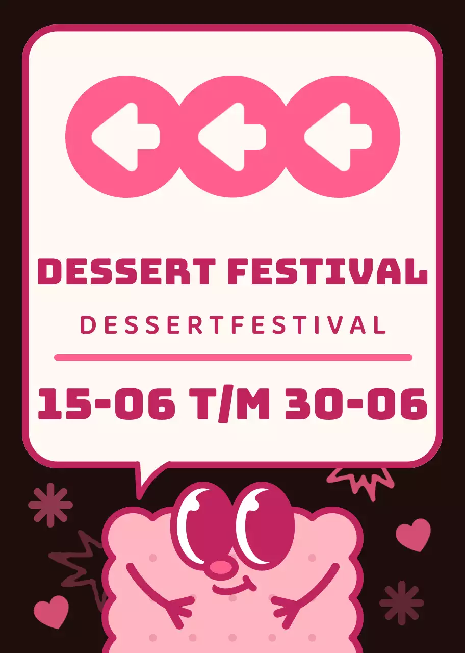 Bruin en roze kleurenschema Schattige koekjesfiguren en tekstballonnetjes in illustratiestijl Routebeschrijving naar het dessertfestival