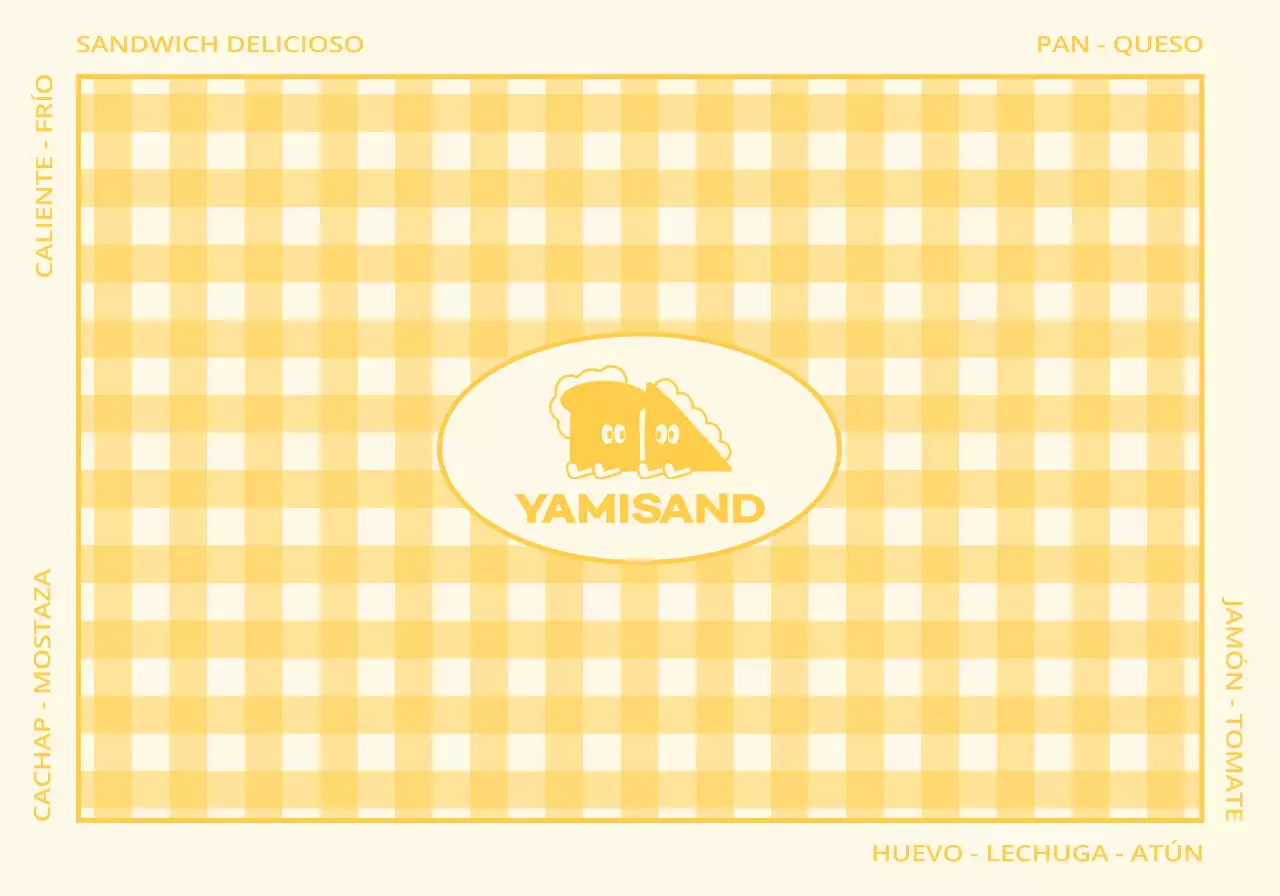 Una sandwichería con cuadros rojos y amarillos y simpáticos personajes