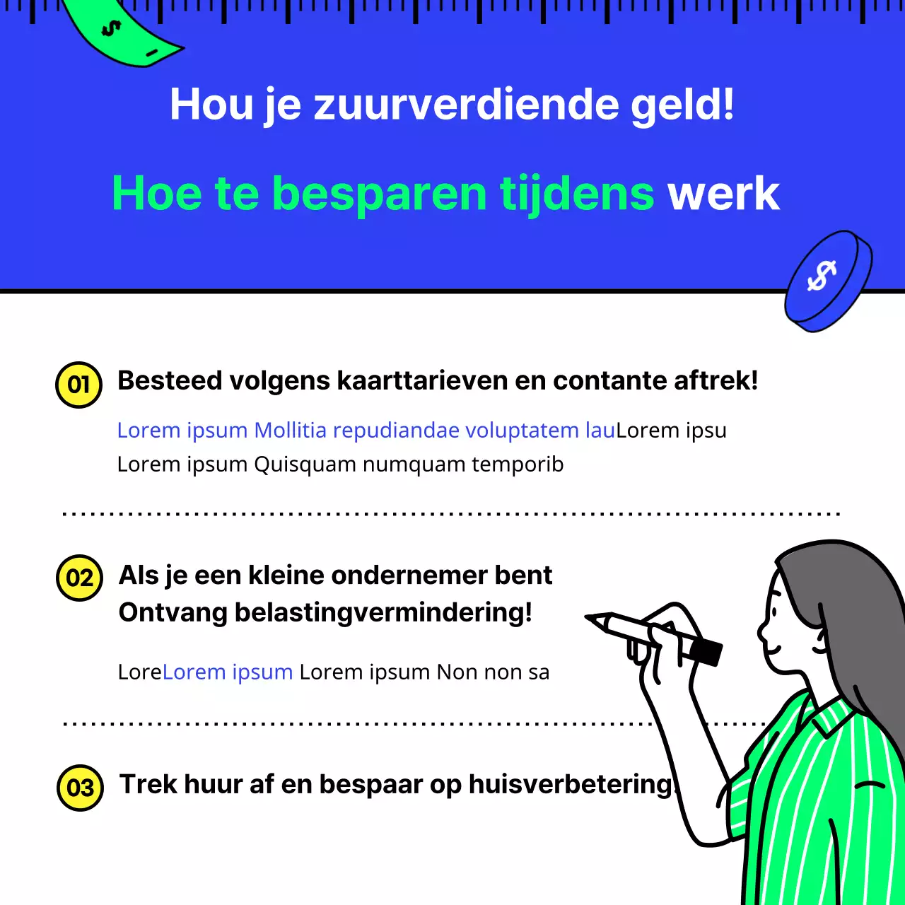 Fiscale besparingen in blauw en chartreuse met eenvoudige illustraties die schoon en inspirerend zijn Tax Tech basics