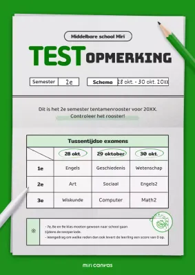 Tussentijdse aankondiging met groen proefwerkconcept