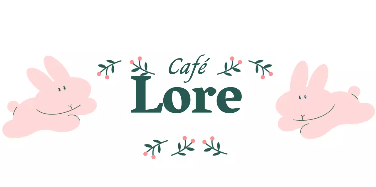 Vintage-inspirierte Café-Artikel mit niedlichen Hasen-Illustrationen und Beerenpflanzen in Rosa und Grün.