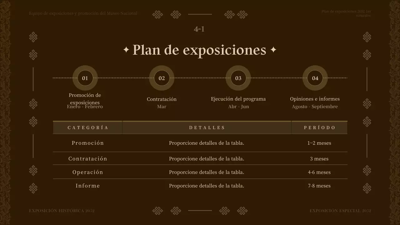 Plan del programa de exposiciones del museo de tono marrón para el primer semestre del año