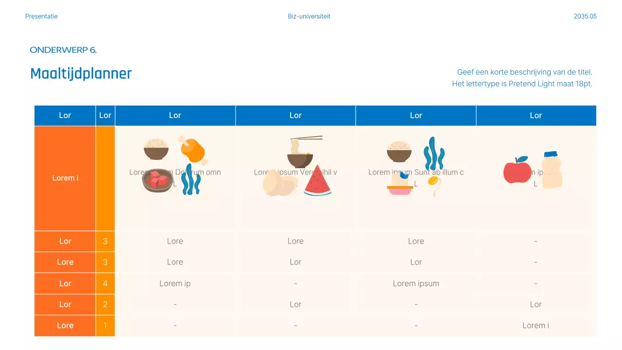 Voedings- en maaltijdplannen gemarkeerd in blauwe en oranje foto's