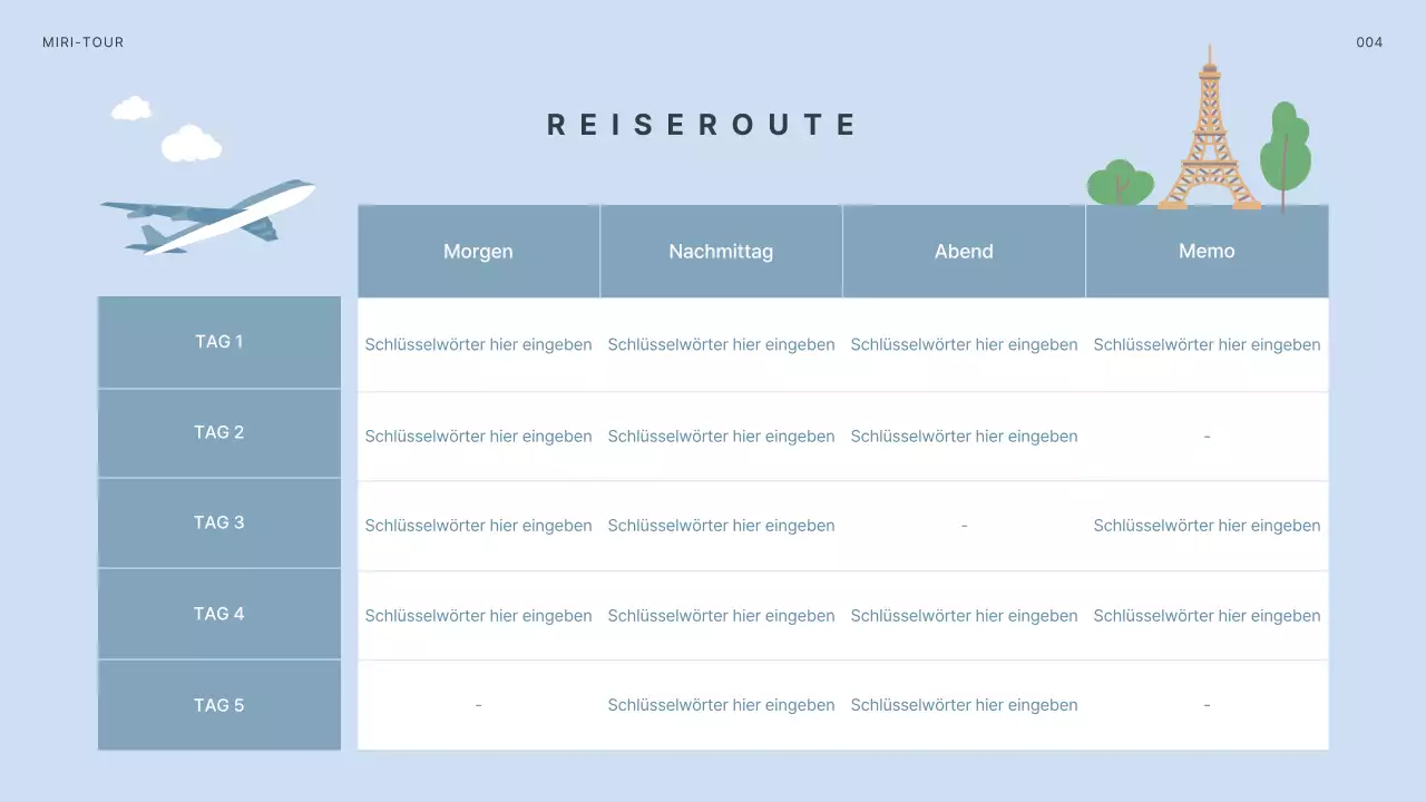 Reiseroute mit Abbildungen europäischer Reiseziele in Hellblau