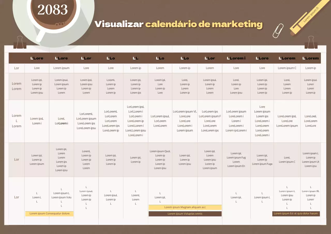 Um calendário anual simples e ilustrado em castanho e amarelo