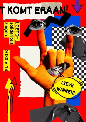 Pride festiviteiten benadrukt door een collage van papier en menselijke lichamen op een kleurrijke achtergrond