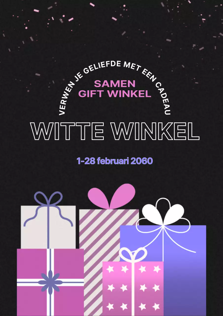De inhoud van de cadeauwinkel voor witte dagen, met een strakke zwart-paarse uitstraling