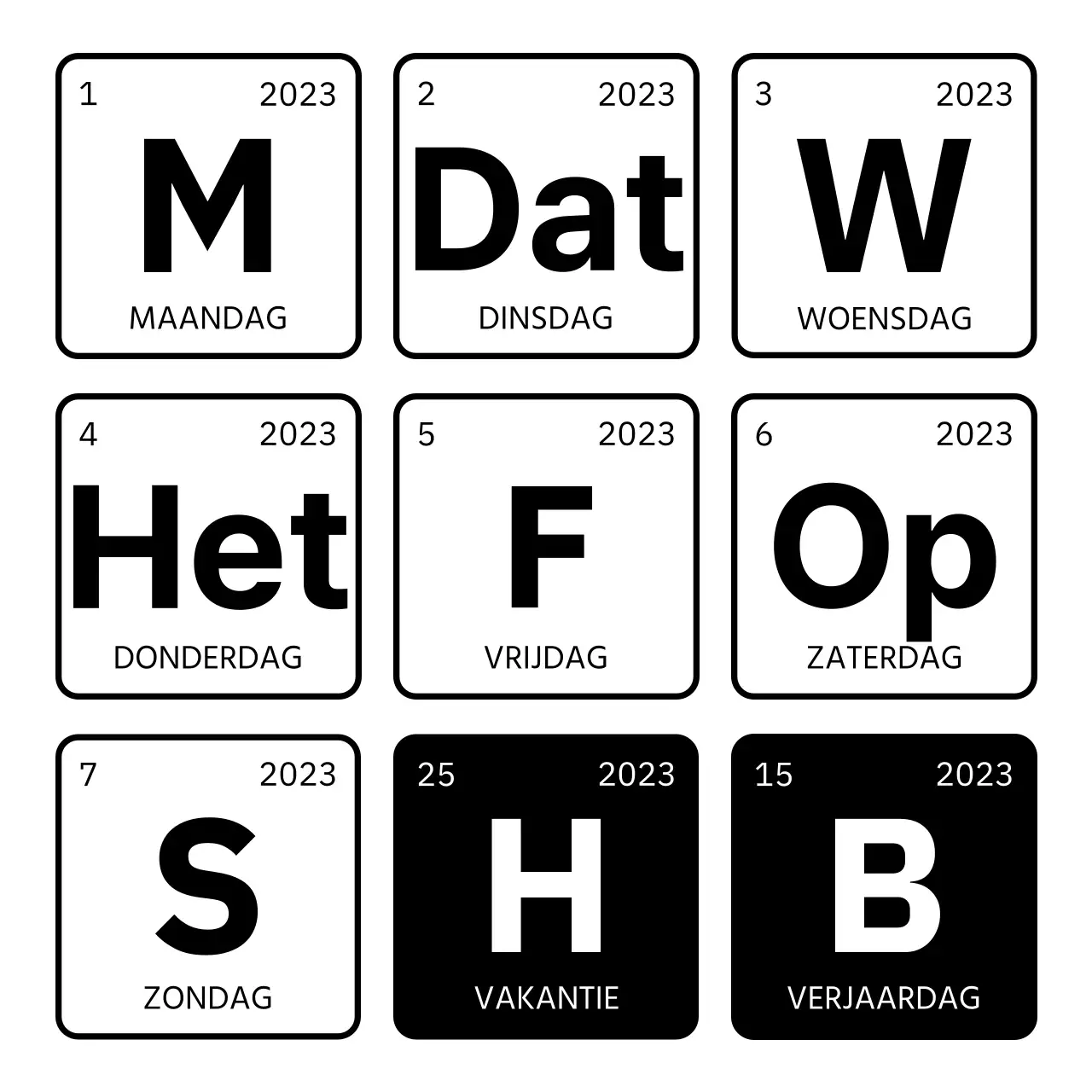 Datum- en dagontwerp met een zwart-wit periodiek systeemconcept