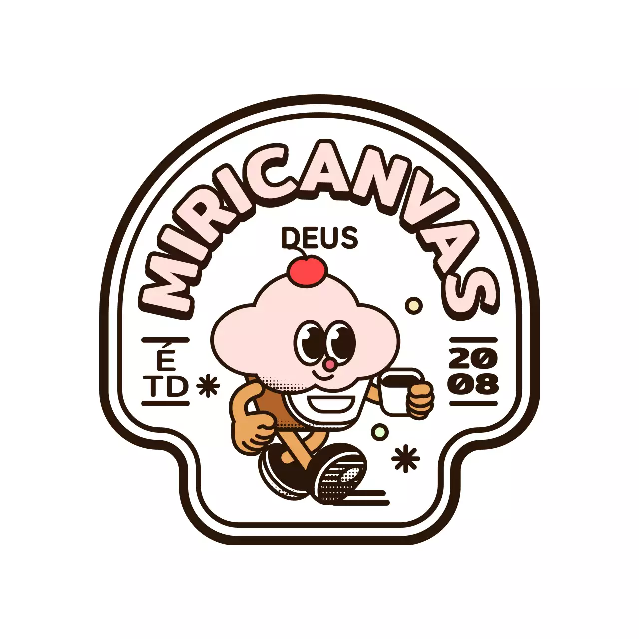 Logótipo de personagem de cupcake redondo, cor-de-rosa e castanho, para um café