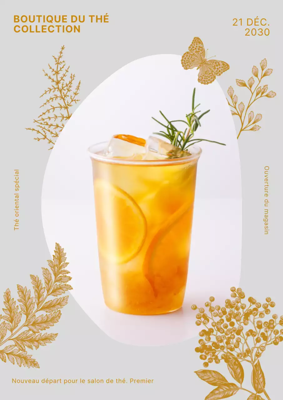 Affiche d'ouverture d'un café de tisanes dans des tons beiges et féminins