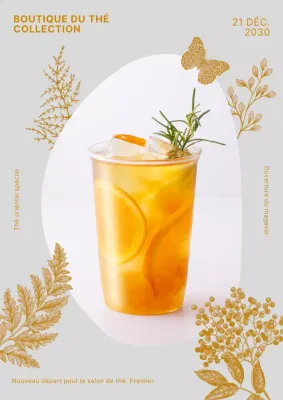 Affiche d'ouverture d'un café de tisanes dans des tons beiges et féminins