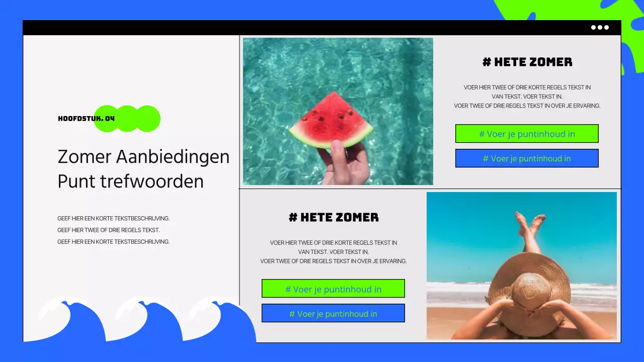 Zomer promo kort met knallen van blauw en fluorescerende kleuren