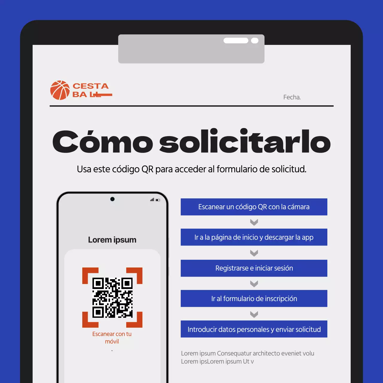 Reclutamiento para el equipo de baloncesto azul y naranja del Centro Deportivo