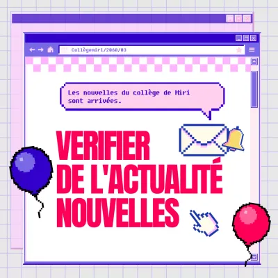 Un navigateur web violet et rose avec des annonces de nouvelles scolaires kitsch.