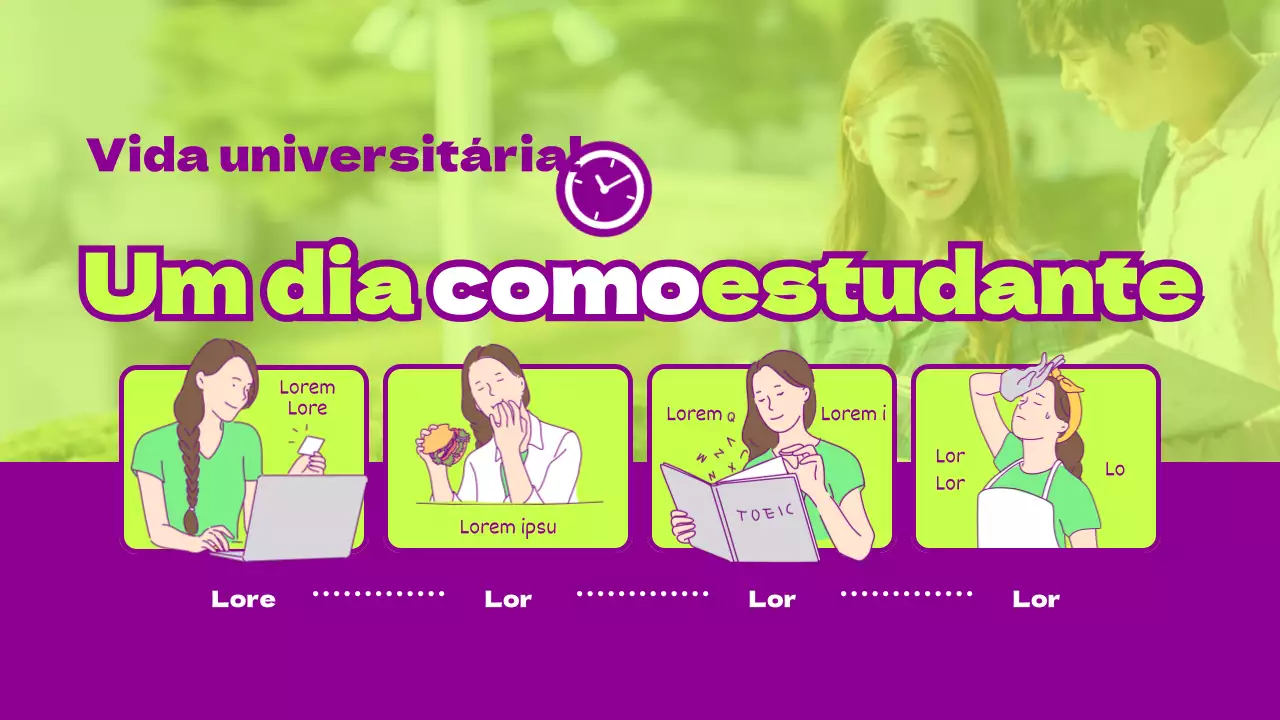 Rotina diária de um principiante em formato de horário horizontal, em verde claro e roxo