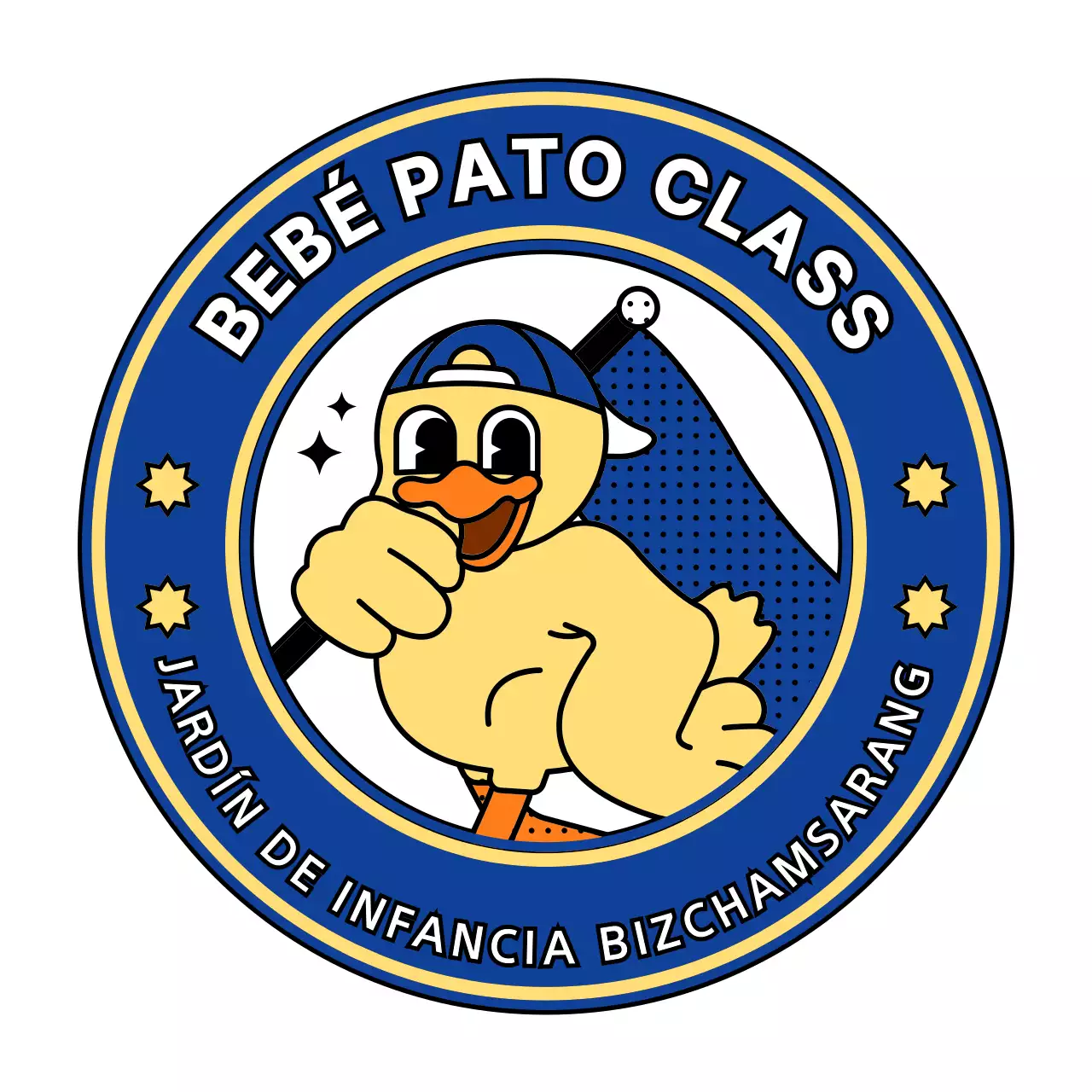 Logotipo de estilo ámbar con símbolos limpios y simpáticos en azul marino y amarillo para competiciones de atletismo en guarderías.