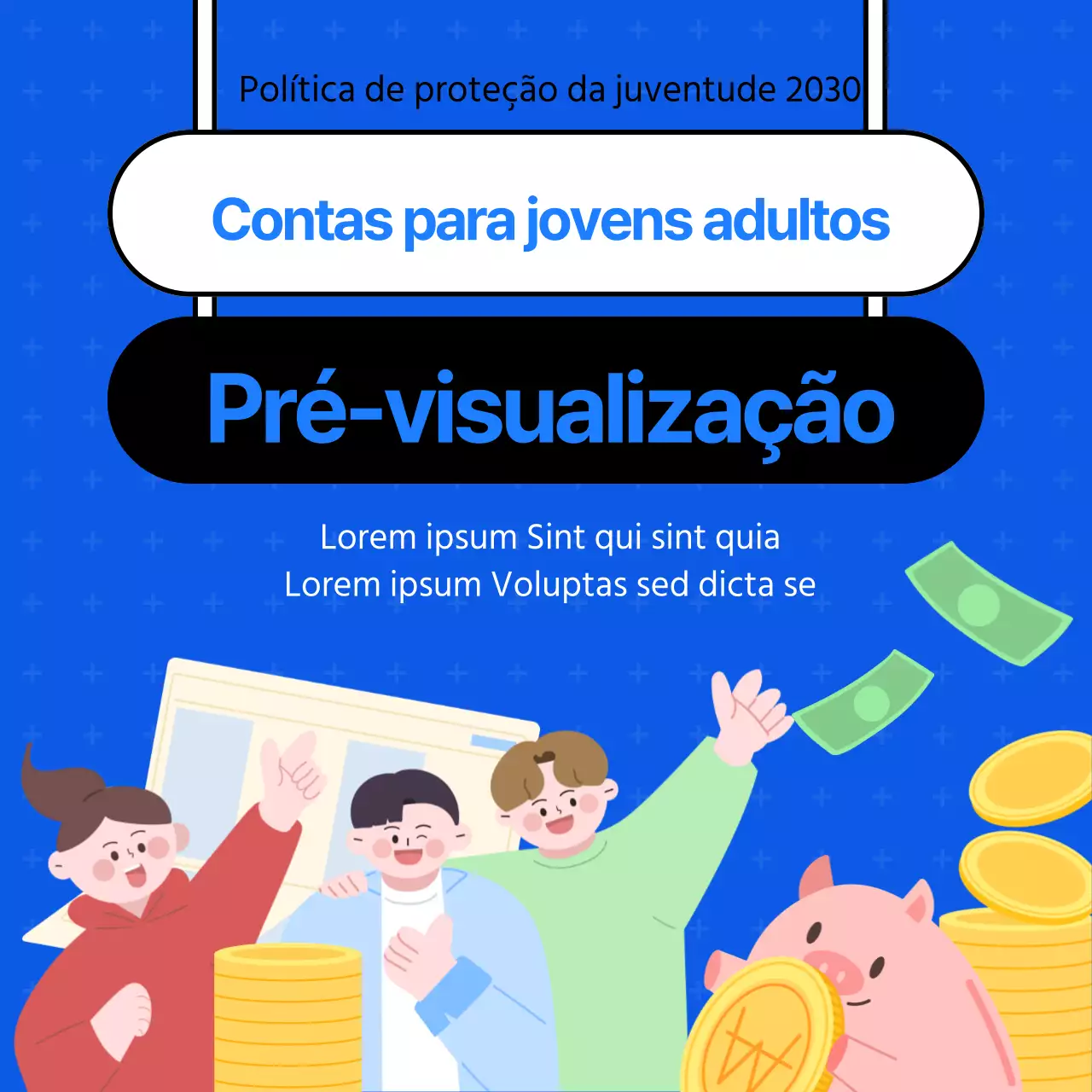 Materiais promocionais ilustrados a azul e branco para contas de jovens adultos
