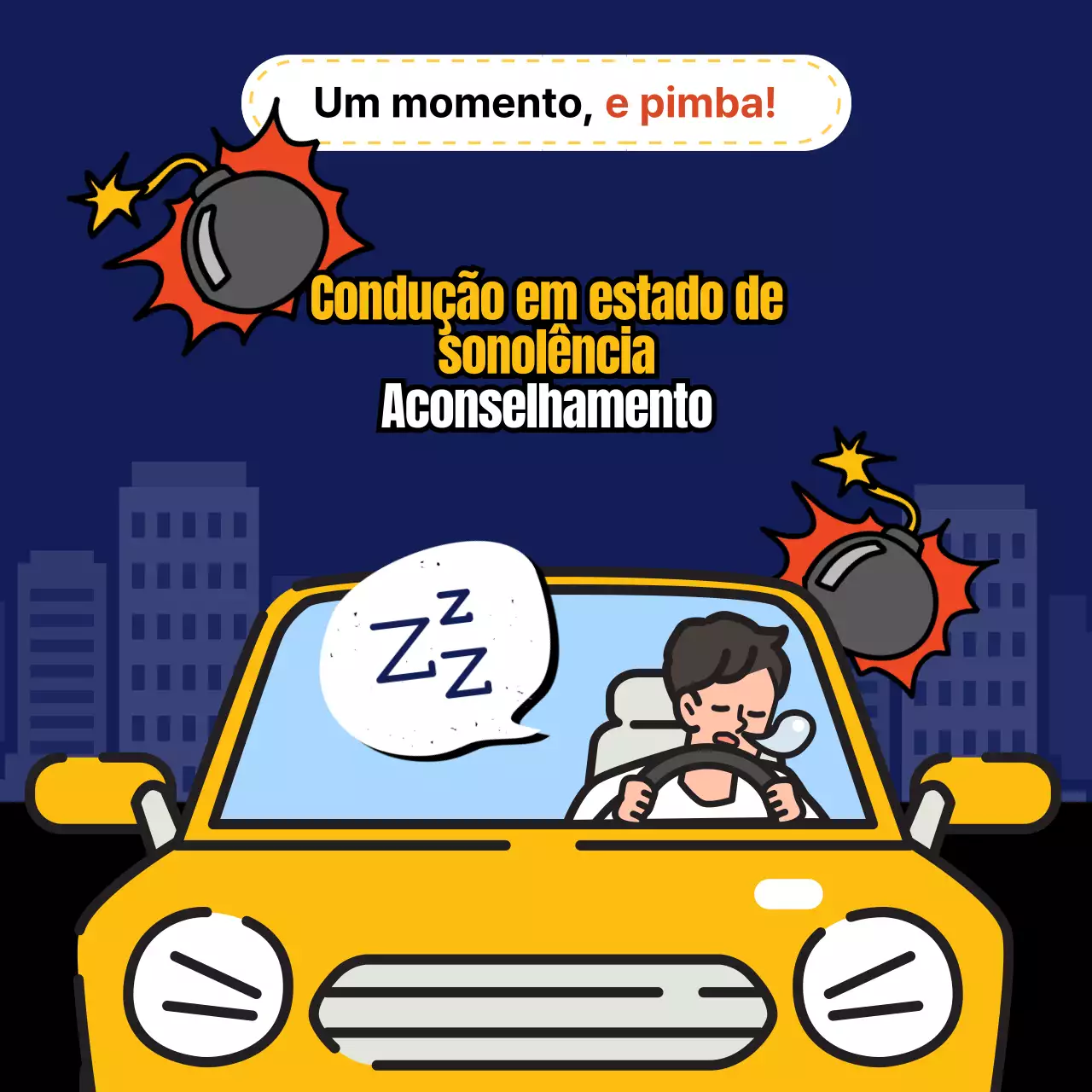 Aviso de condução sonolenta com tema azul e amarelo