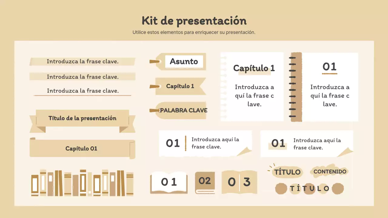 Kit de presentación con ilustraciones de libros sentimentales dibujadas a mano en marrón y verde