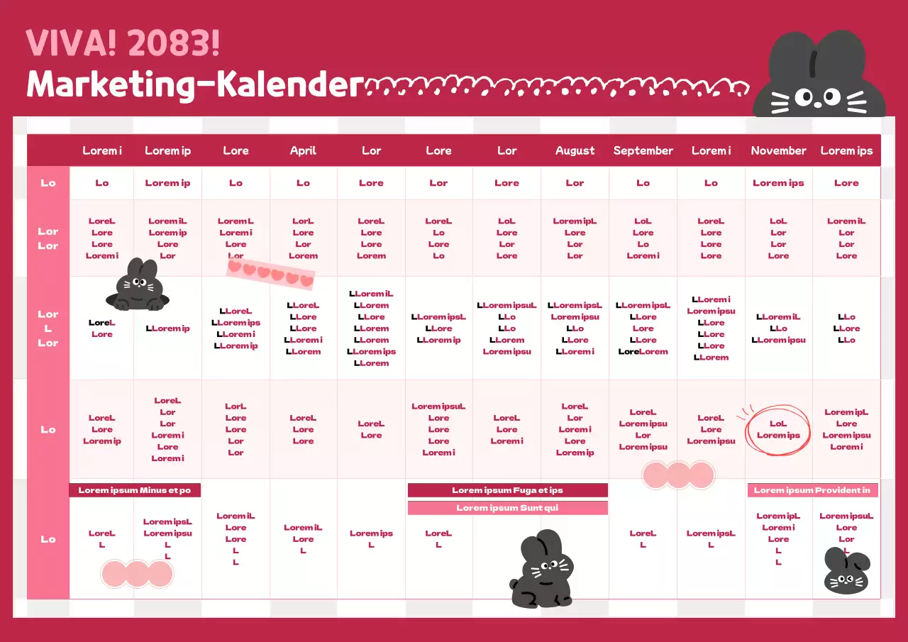 Jahreskalender mit süßer schwarzer Hasenillustration in weinrosa Farbe