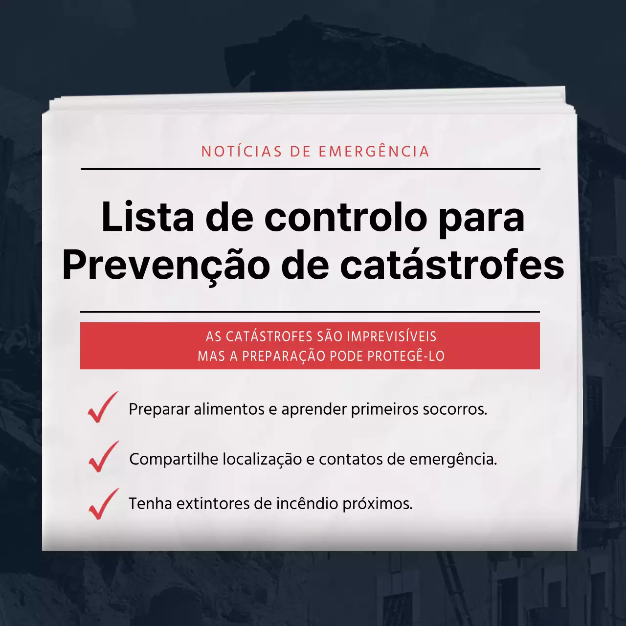 Lista de controlo de segurança em caso de catástrofe, em azul-marinho e vermelho, tipo jornal