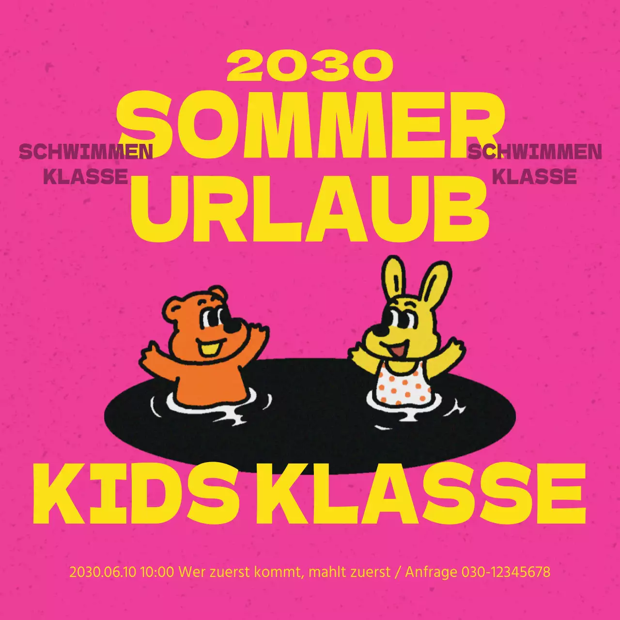 Eine niedliche rosa-gelbe Werbung für einen Schwimmkurs für Kinder