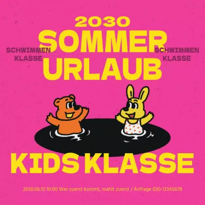 Eine niedliche rosa-gelbe Werbung für einen Schwimmkurs für Kinder