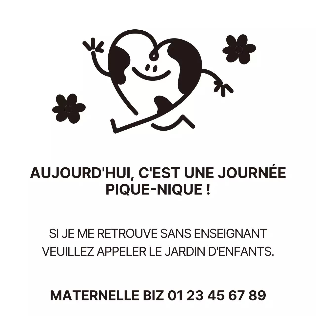 T-shirt de groupe avec un concept de pique-nique pour enfants, avec un joli personnage en forme de cœur en noir.