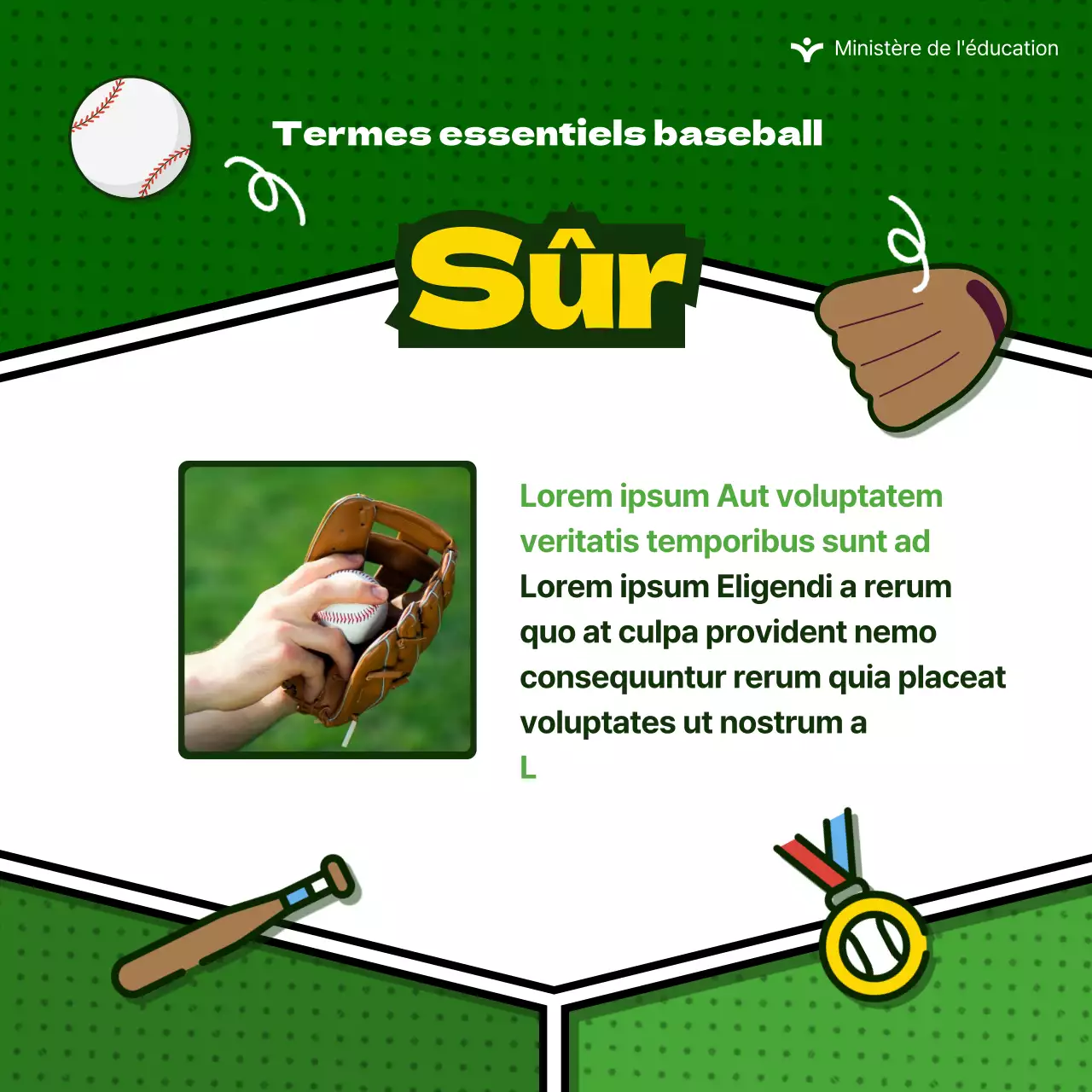Fournir des informations sur des termes mignons de baseball sur un fond vert