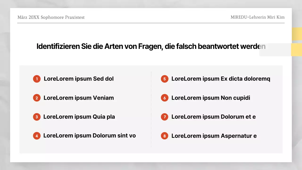 Rotes und weißes Testpapier mit thematischen Antworten auf den Test