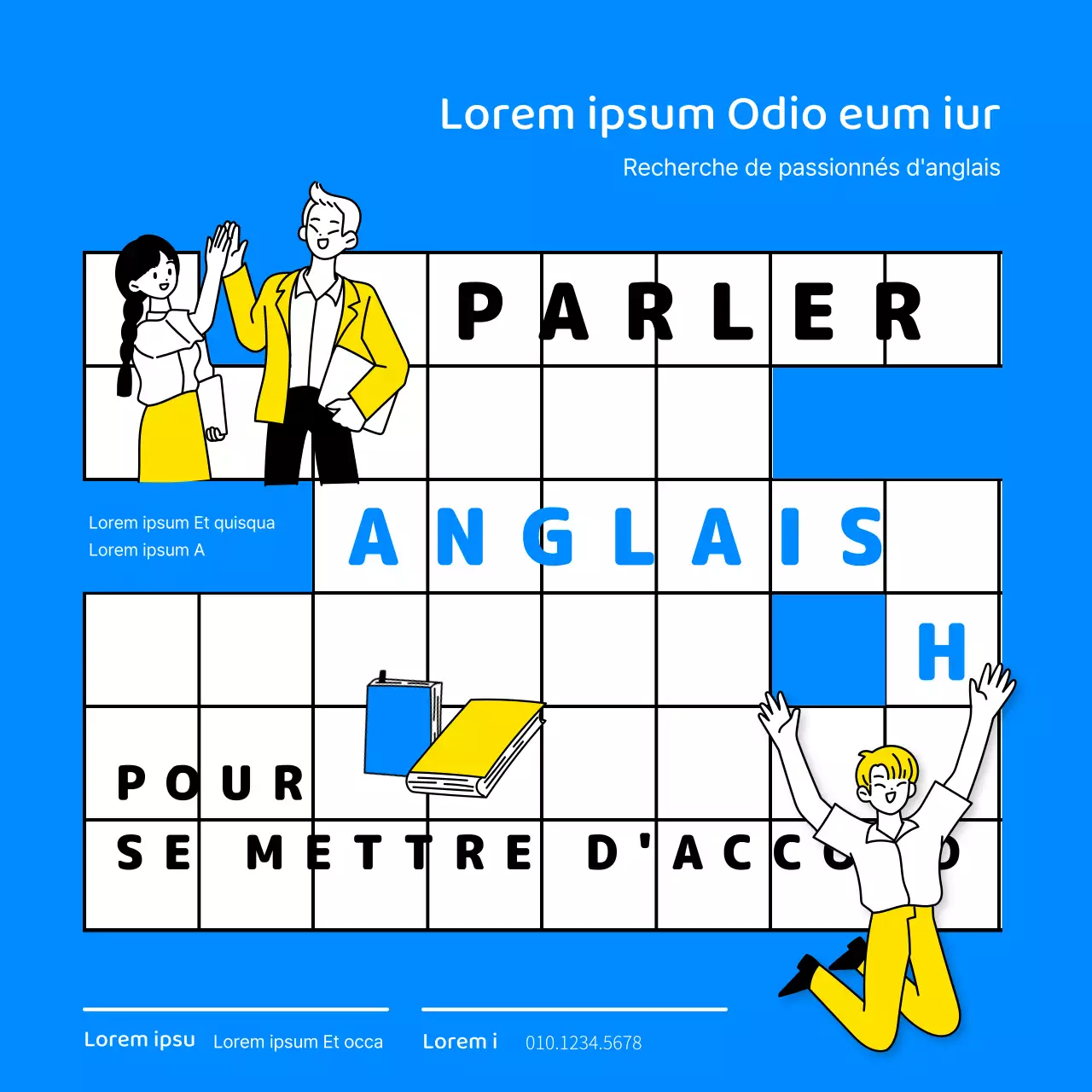 Conception du recrutement d'un club de conversation anglaise avec illustration au trait et palette de couleurs bleues