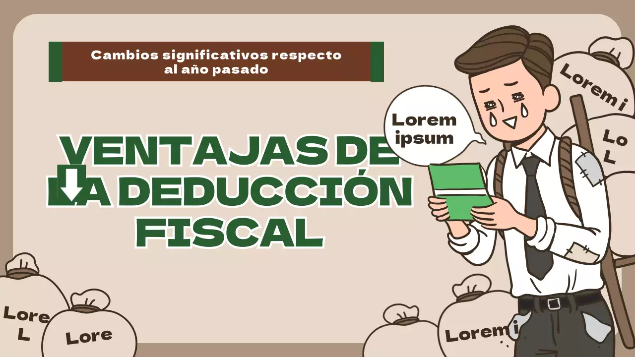 Información sobre política de desgravación fiscal con concepto de ilustración humorística marrón-verde