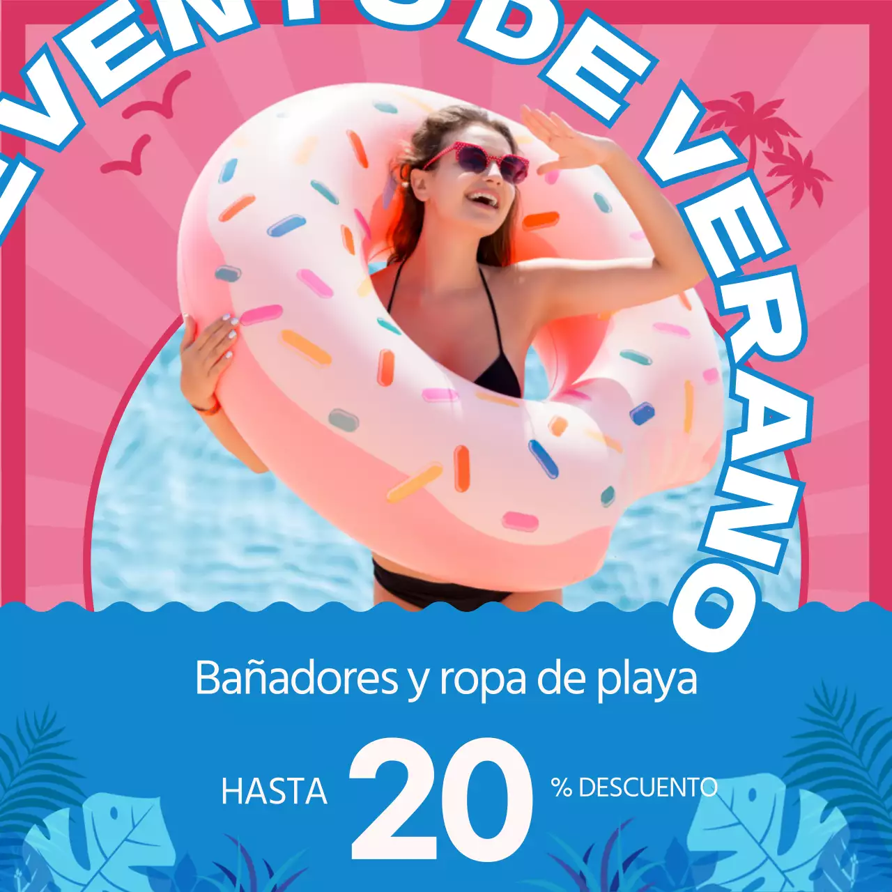 Ahorra en ropa de playa de verano, destacada por las fotos en rosa y azul