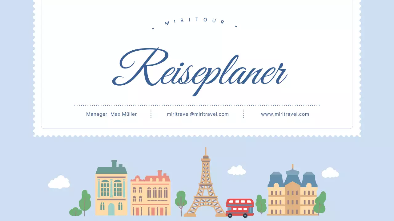 Reiseroute mit Abbildungen europäischer Reiseziele in Hellblau