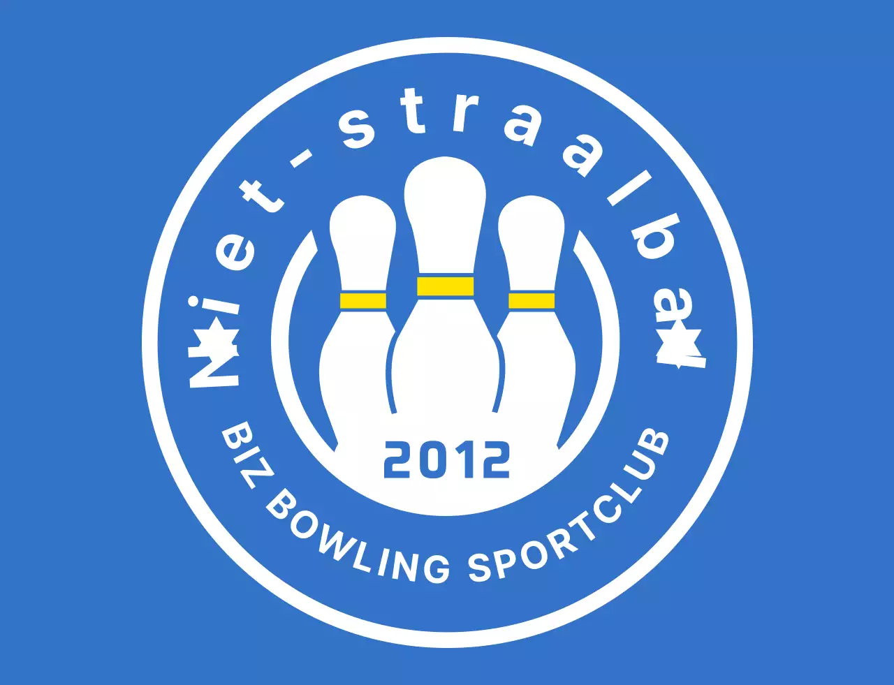 Een strakke bowlingillustratie en embleemlogo in lichtblauw, wit en geel voor een bowling sportclub.