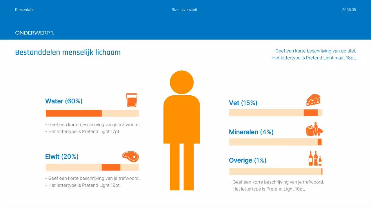 Voedings- en maaltijdplannen gemarkeerd in blauwe en oranje foto's