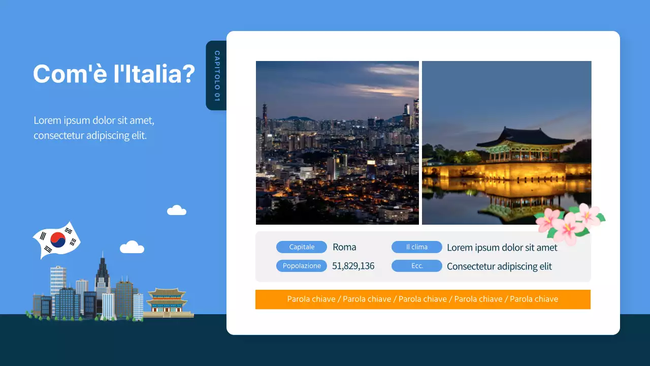 Guida turistica illustrata della Corea del Sud in blu e blu navy