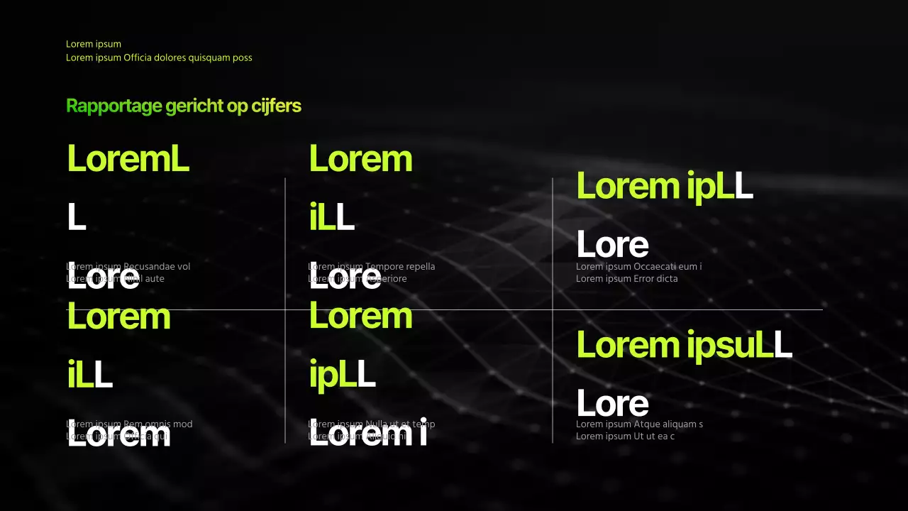 Infografische bedrijfspresentatie met zwart en chartreuse kleurverloop