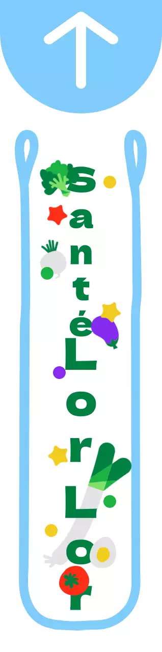 Illustration d'un sac en plastique mignon et bien rangé, style cadre, indiquant les directions à suivre pour une campagne alimentaire en bleu clair et vert.