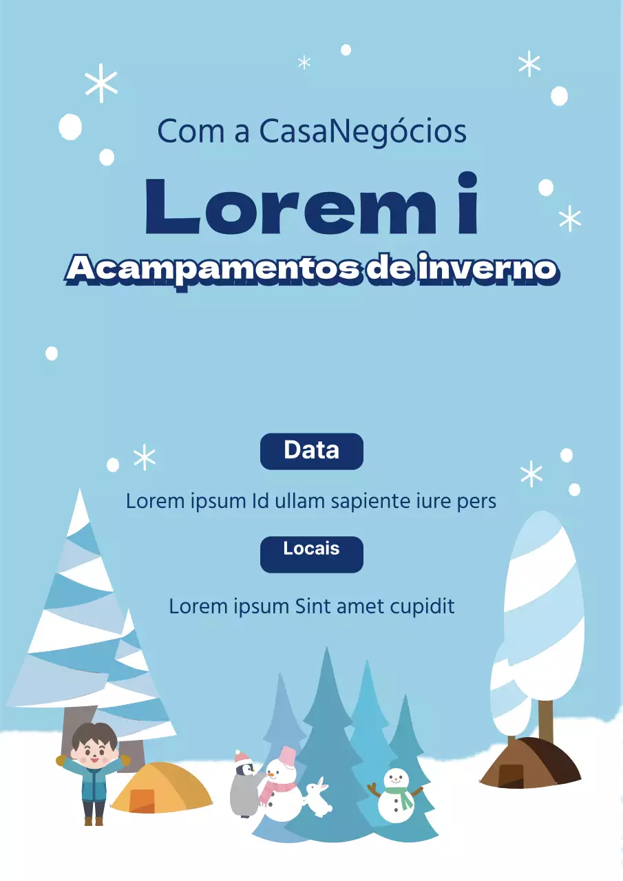 Folheto de evento de acampamento de inverno de escola primária bonito em azul claro.