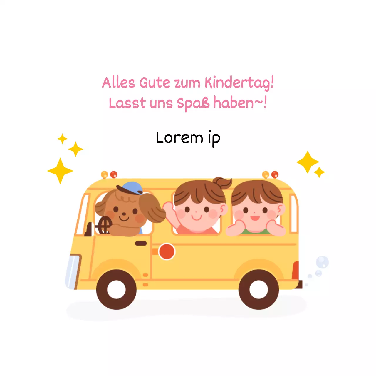 Grüße zum Kindertag mit einem gelben Bus und einem Kind
